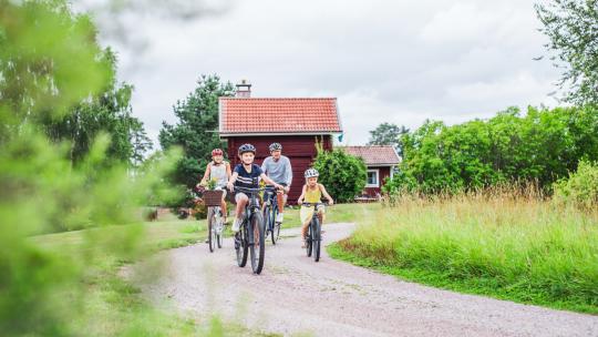 Familj cyklar på grusväg i Dalarna