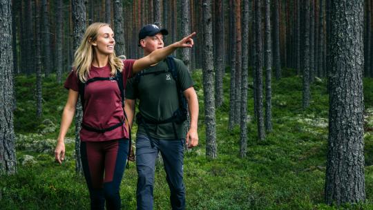 Två personer vandrar i skogen i Dalarna.