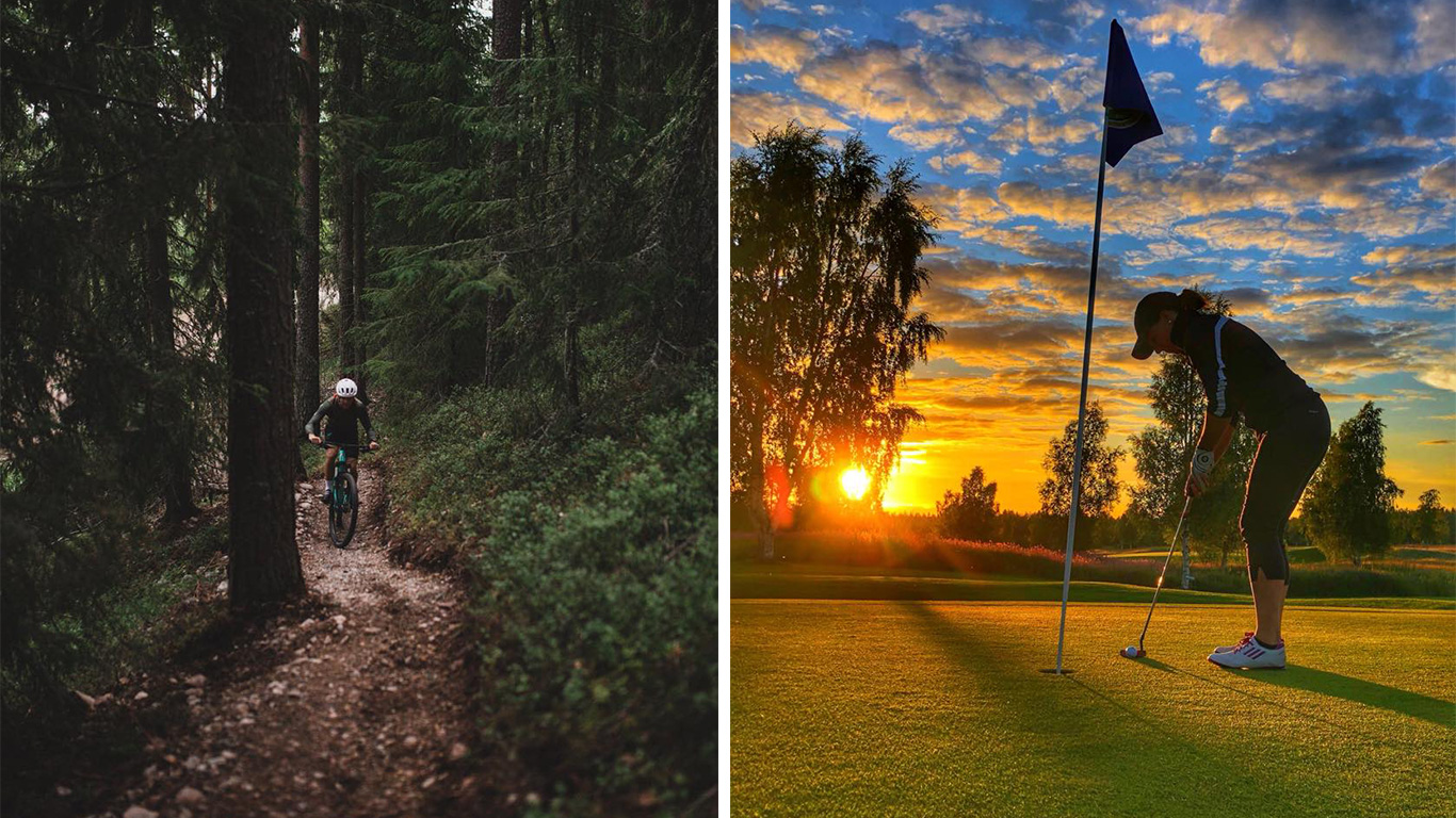 MTB-cykling och golf vid Snöån i Dala-Järna.